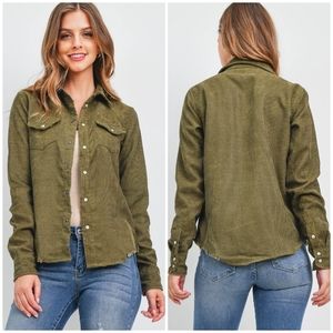 SKYLAR+MADISON Olive Distressed Corduroy Shirt